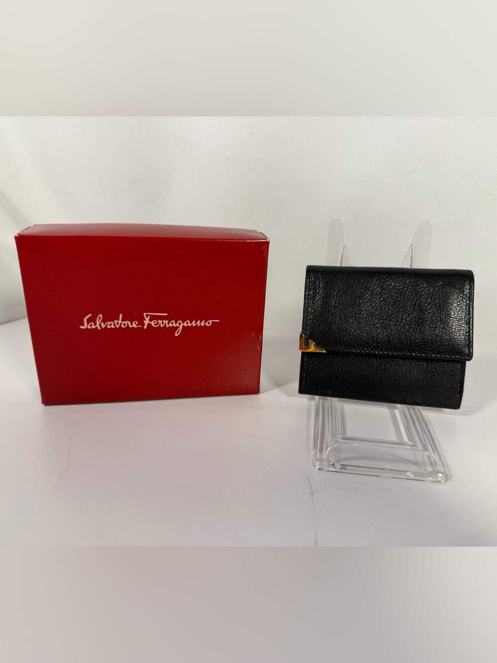 Vintage Salvatore Ferragamo Black Leather Gancini Compact Wallet Box